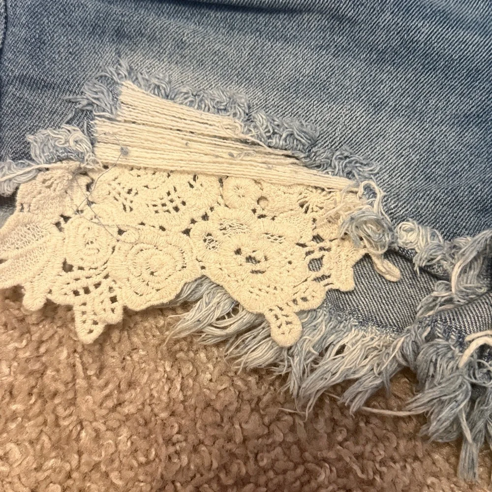 Mossimo Supply Co. Distressed Blue Jean Shorts with Cream Lace. High rise - Picture 2 of 4